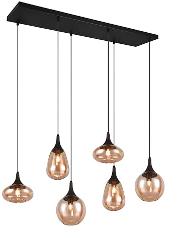 Trio Leuchten Pendelleuchte Lumina 317000613, Metall Schwarz matt, Glas amber, exkl. 6x E14, Bernsteinfarben