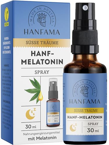 HANFAMA Hanf + Melatonin Spray – Schneller einschlafen mit dem zuckerfreien, veganen Melatonin-Einschlafspray – 300 entspannte Nächte mit 0,5 mg Melatonin hochdosiert, Einschlafhilfe Erwachsene, 30 ml