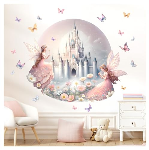 Little Deco Wandsticker Schloss Fee Kinderzimmer Mädchen Wandtattoo 60 cm rund Schmetterlinge Wandaufkleber für Babyzimmer rosa Schlafzimmer Wanddeko DL5034-02