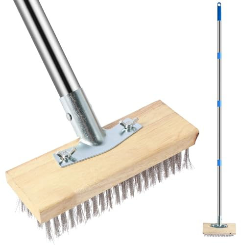 Wire Broom Stainless Steel Deck Scrub Brush With 60 Inch Long Handle - 45° Tilt Stiff Metal Bristle for Removing Weed, Moss, Algae - Outdoor Floor Scrubber for Patio, Deck, Garden, Pool (20cm)