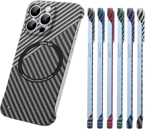 Bpoeee Carbon Fiber Texture Magnetic Case, Carbon Fiber Texture Frameless for Magnetic Charging Phone Case for iPhone 16/15/14/13/12/11 Pro Max Case (Silver Black,15 Pro)