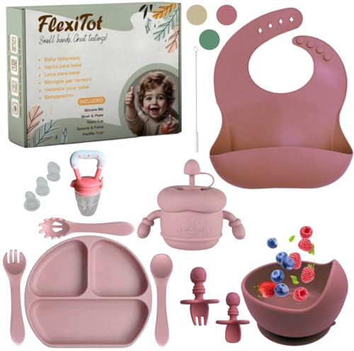 FlexiTot | Juego Vajilla para Bebe de Silicona – Set Vajilla bebe BLW Completo con Platos y Cubiertos | Vajilla Infantil de Aprendizaje | Plato con compartimentos | +6 Meses | Chupete Fruta | Rosa
