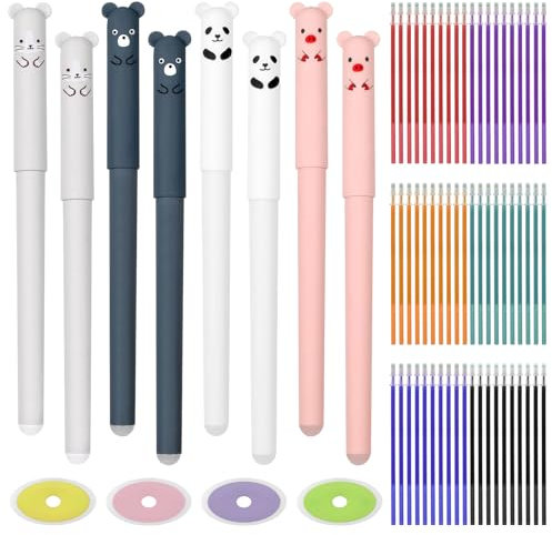 NVGVUP Radierbarer Kugelschreiber, 8 Stück Farbe Radierbare Stifte 0.5 mm, Cartoon Löschbar Gelstifte mit 60 Nachfüllungen und 4 Radiergummis, für Kinder Studenten Erwachsene Bürobedarf