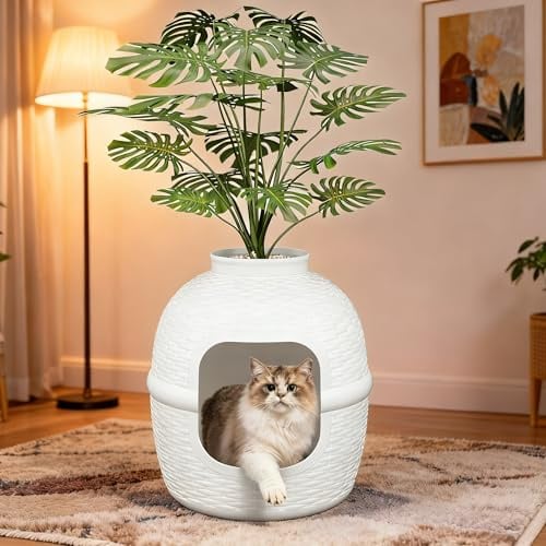 Versteckte Katzentoilette mit Kunstpflanze, große Katzentoilette mit Rattan-Muster, robustes PP-Material, Katzentoilette, Umfassung, Möbel für Heimdekoration, Hellgrau