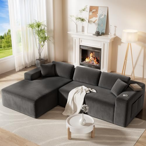 CAMMOO 108” Cloud Sectional Couch in One Box, Compressed Modular Sectional Sofa with Deep Seat, Corduroy Boneless Couches, L-Shaped Sofa for Living Room, 4 Storage Pockets(Left Facing Chaise, Grey)