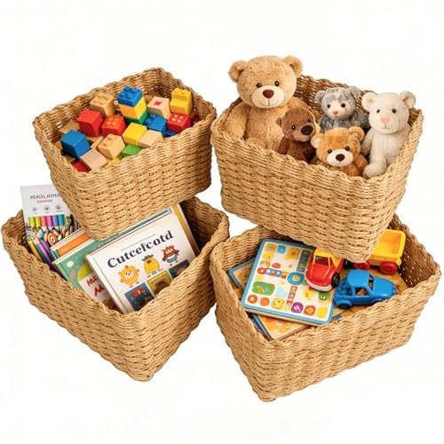 PQETBV Korb Aufbewahrung, 4er Stapelbarer Aufbewahrungskorb Geflochten, Storage Basket Set, Aus Gewebtem Recyclebarem Papierseil für Wohnzimmer Küchen Kinderzimmer Bad