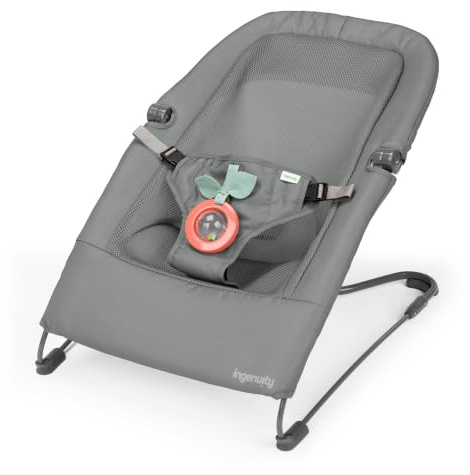 Ingenuity Stow & Go kompakte Falt Babywippe, leichter tragbarer Sitz mit Vibration & Spielzeug, Grau,