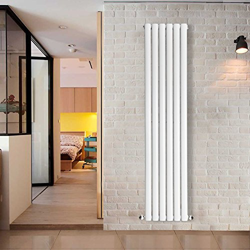 NRG Gloss White 1600x354mm Tall Upright Single Panel Oval Column Radiator Designer Vertical Bathroom Central Heating + Free Angled Valves