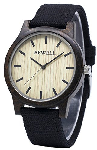 BEWELL Damen Uhr Aus Holz Analog Japanisches Quarzwerk mit Nylon Armband Rund Casual Holzarmbanduhren für Frauen (Schwarz)