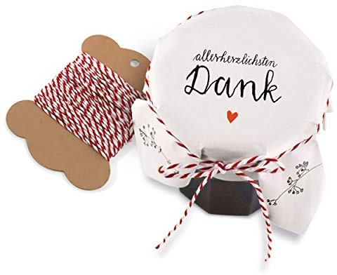 25 Marmeladendeckchen - allerherzlichsten Dank - Gläserdeckchen Weiß mit Blumen für Marmelade, Marmeladengläser & Einmachgläser, Recyclingpapier Abreißblock + 10 m Garn + Justiergummi