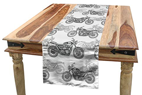ABAKUHAUS Motorrad Tischläufer, Details in Graustufen, Esszimmer Küche Rechteckiger Dekorativer Tischläufer, 40 x 225 cm, Weiß Schwarz Grau