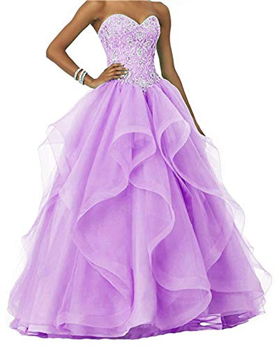 Vantexi Damen Glitzer Perlen Lange Ballkleid Hochzeitskleider Rüschen Organza Abschlussballkleider Festzug Kleider Flieder Größe 40