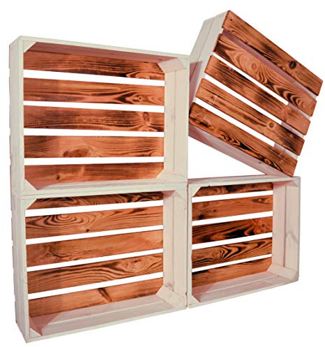 CHICCIE 4 Set Holzkiste Grete 50x40x15cm - Geflammt Weiß Dekokiste Weinkiste