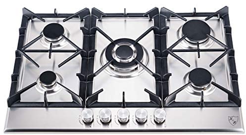 K&H 5 Zonen Edelstahl Gaskochfeld 76cm Wok Brenner Erdgas Autark Eigebaut mit Thermoelement-Flammenaustrittssystem 5Z-KHSSW