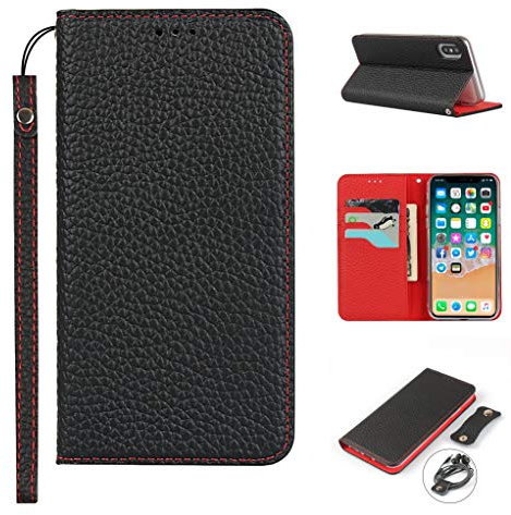 Copmob iPhone XS Max Case With Card Holder With Strap,Genuine Leather Flip Wallet Case,[3 Slots][Magnetic Closure][RFID-Blocking],Phone Case Cover for iPhone XS Max - Black