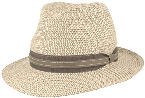 Strohhut Bogarthut Sommerhut Sonnenhut aus 100% Papier knautschbar mit Garnitur Besonders Leicht, Flexibel, Hautfreundlich Bequem Grau Mel. Kunstlederband, M