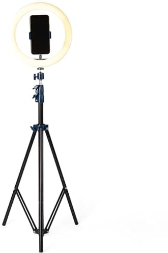 Intempo EE5976BLKSTKEU 10 Selfie Ring Light - 2.1m Extendable Tripod Stand & Phone Holder, Foldable, Dimmable Circle LED Ring Lamp, 3 Brightness Levels for Makeup, Streaming, Video Calls & Recording