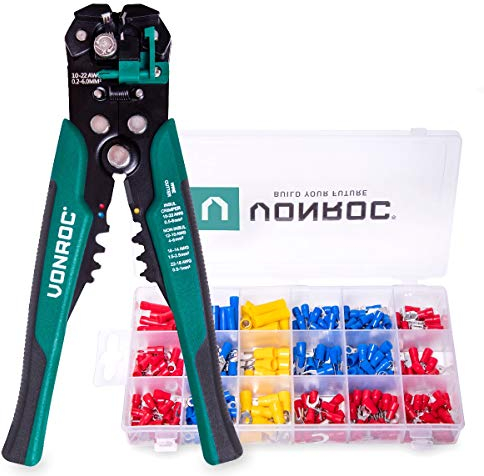 VONROC Alicates pelacables automáticos profesionales – Crimpadora y aislante – Incluye 270 accesorios de terminal de cables