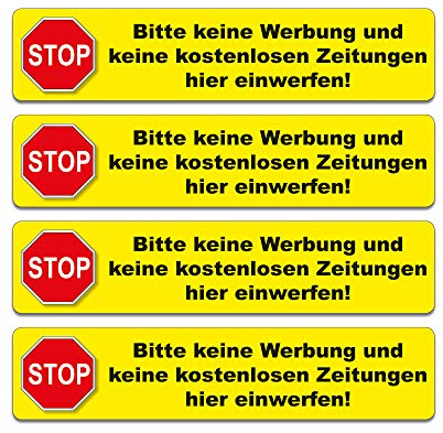 4 Aufkleber - Bitte keine Werbung und keine kostenlosen Zeitungen.. - 91 x 20 mm (gelb)