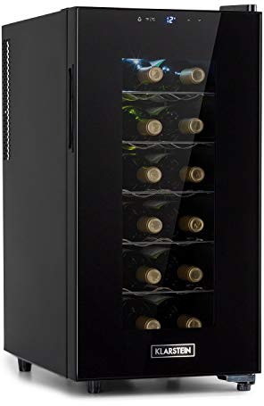 KLARSTEIN Cave a Vin Vieillissement, Réfrigérateur sur Pieds avec Porte en Verre, Prosecco, Bière, Ecran Tactile, Bar, Frigo, Protection UV, 11-18°C, 18 Bouteilles