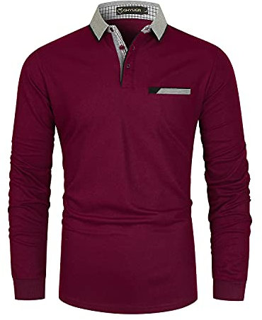GHYUGR Men's Polo Shirt Long Sleeve Contrasting Colors Golf Tennis T-Shirt,Red,XXL