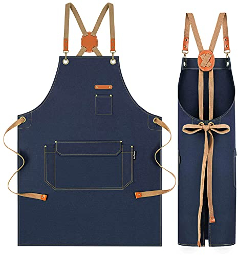 Genixart Delantal de chef para hombres y mujeres con bolsillos, delantal de lona de algodón para cocina, hornear, artista, pintura, delantales de trabajo con espalda cruzada para tienda, jardín,