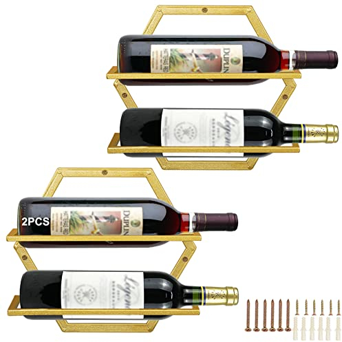 Giyiprpi Metall Wandmontierter Weinhalter Stemware Glass Rack, 2Pcs Hängendes Glas Weinregal Wandbehang Rotweinregal Organizer mit 3 Stielglashaltern für Home Kitchen Bar Displaydekor (Gold BB)