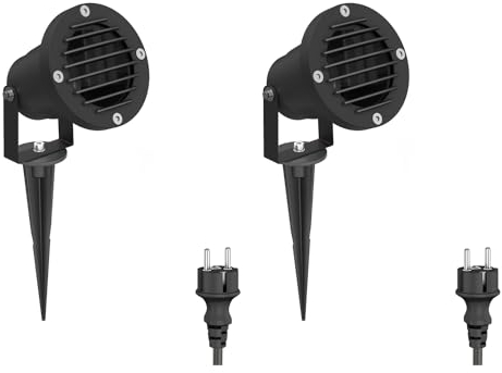 ledscom.de 2 Stück Gartenstrahler DUK, Gitter, mit Erdspieß für außen, IP65, Stecker, schwarz, 1 x GU10 max. 15W