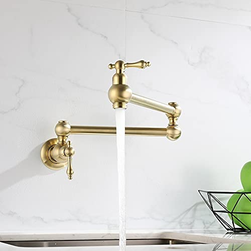 Kitchen Sink Tap for Bar Farmhouse Commercial, Pot Filler Tap Wall Mounted Foldable Brushed Gold Kitchen Faucet, Single Cold Sink Tap, Rotate Folding Spout, Chrome Brass Faucet