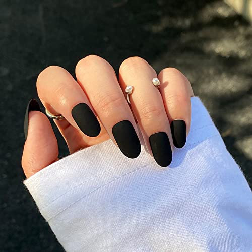 24PCS Medium False Nails with Glue Stickers,Square Full Cover Acrylic and Press on Nails no Glue,Matte Black French Fake Nails Stick for Women and Girls Nail Art.
