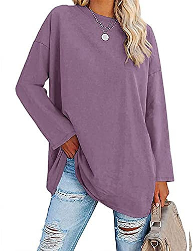 Famulily Women's Comfy Tunic T Shirt Loose Fitted Long Sleeve Tee Shirts Ladies Elegant O Neck Tops Purple XL