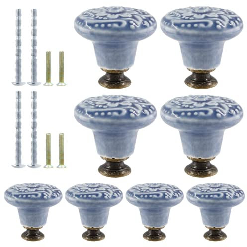 Suiwotin 8pcs Greyish Blue Vintage Retro Ceramic Knobs, Pulls for Kitchen Cabinet, Dresser, Closet, Cupboard, Furniture Door