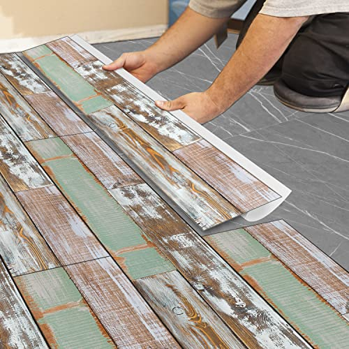 PVC Bodenbelag Selbstklebend Fliesen,Holzoptik Bodenfliesen Fliesenaufkleber Renovierung Wasserdicht für Küche Wohnzimmer Möbel Bad 15X90CM-1,35m² Braun-Grüne Maserung