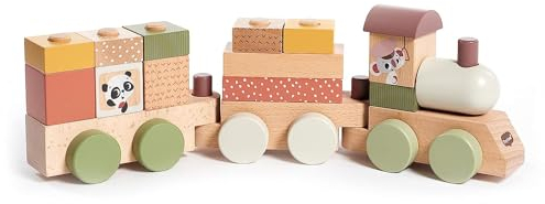 Tiny Love hölzerner Stapelzug, Holzzug Baby, Zug Spielzeug Holz mit 3 Waggons und 14 stapelbaren Spielklötzen, Kreativität, motorische Fähigkeiten, natürliches Design, 18+ Monate, Boho Chic