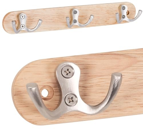 RICOO Garderobenhaken Holz, Kleiderhaken Wand, MH013, Wandhaken Holz, Garderobenleiste, mit 3 Haken, Edelstahl, 27 cm, Wandgarderobe, Holzhaken zum Schrauben