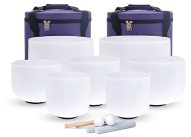 KVKA Juego de cuencos sonoros de cristal, 7-12 pulgadas, 432 Hz, color blanco, cuarzo esmerilado, chakra, sanación de sonido, cuencos tibetanos para yoga, meditación, relajación, alivio del estrés