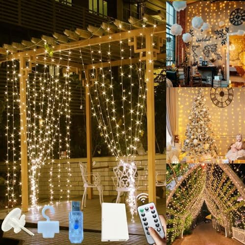 Jonurphy Lichtervorhang,3x3M 300 LEDs USB Lichterkette Vorhang 8 Modi mit 10 Haken Fernbedienung und Timer,Lichterkette Gardine für Weihnachten Wand Zimmer Schlafzimmer Innen Außen Deko