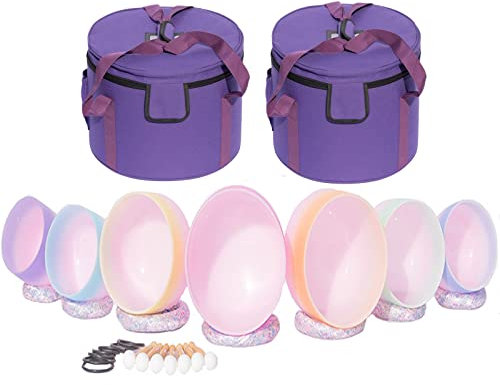 Generic 7-Piece Tuned Crystal Singing Bowls Set - Sound Healing Instrument with Carrying Cases - 6-12 inch Colored Frosted Quartz - Includes Cushion