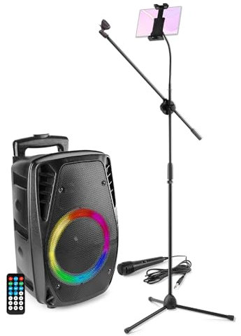 Fenton FT8LED-MK2 Portable Karaoke Speaker System with Microphone, Bluetooth Music Streaming, LED Party Lighting, Tablet Holder and Adjustable Mic Stand Kit