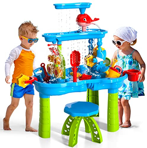 Kinder Sand Wasser Tisch Spielzeug für Kleinkinder, 3-Tier Outdoor Sand und Wasser Tisch für Kinder, Kinders Strand Spielzeug Aktivität Sensorische Spieltisch Sommer Spielzeug für Kleinkind Alter 3-5