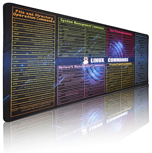 Raryine Linux-Mauspad - Großes Schreibtischunterlage Mit Befehlen (89,9 x 40 cm), Rutschfeste Unterlage, Spickzettel