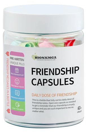 HIONXMGA Messages d'amitié pré-écrits dans une bouteille (plus de 60 pièces), cadeaux d'amitié pour femme, sœur, bestie, lettres capsules uniques dans un pot en plastique, joli cadeau d'anniversaire,