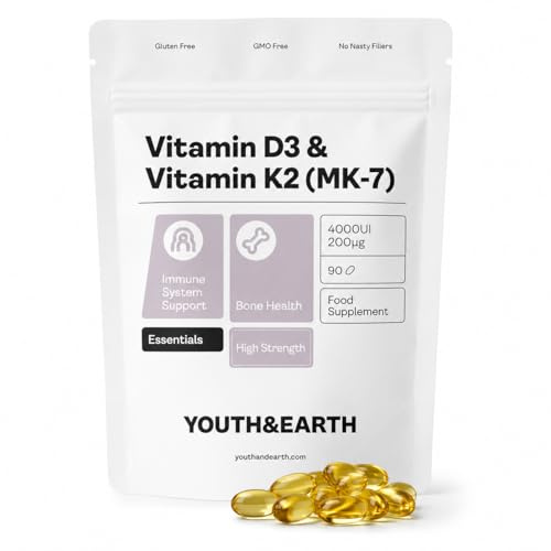 Youth & Earth Vitamin D3 K2 Supplement, 4000 IU, 200 mcg, 90 Softgels | Immune, Bone And Heart Health Support, Vitamin D3 With K2 MK-7, Olive Oil Formula, Gluten-Free, 1 Daily, 3-Month Supply