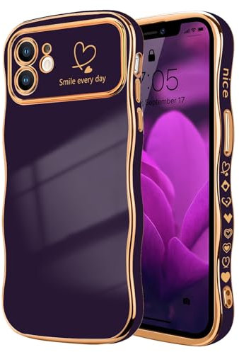 LCHULLE for iPhone 12 Case for Women Girls,Cute Curly Wave Frame Shape Love Heart Pattern Phone Case,Raised Camera Protection Luxury Plating Shockproof Cover for iPhone 12 6.1,Dark Purple
