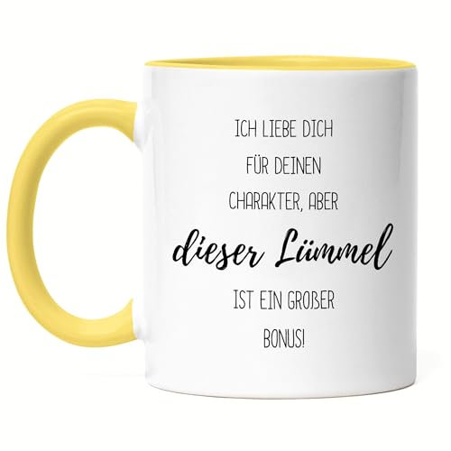 Hey!Print Ich liebe dich für deinen Charakter aber dieser Lümmel Penis Pimmel Tasse Gelb - Liebe Valentinstag Jahrestag Witzig