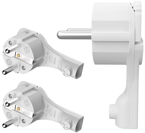 RedStar24 Schutzkontakt-Winkelstecker 250V, 16A, Flachstecker mit Klappgriff & Knickschutz, 8 mm Höhe, für Kabel bis 3x1,5 mm², CEE 7/7, Schuko-Winkelstecker extraflach mit Bügel, 3 Stück, Weiß