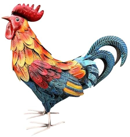 Ahagogo Garten Figur Hahn aus Metall, Deko Hahn Dekofiguren Garten Deko Gartenfiguren für außen Hühner Gartendeko Tiere Gartendeko Mit Erdspieß für sicheren Halt,Nicht dreidimensional (Red)