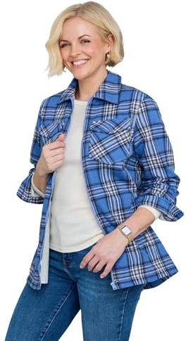Amber Ladies Fleece Lined Zip Front Check Outer Shirt Cosy Flannel Style Blue 16