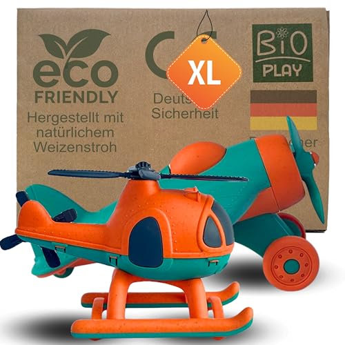 BIOPLAY Flugzeug und Helikopter 2-er Set | Bio Kunststoff | Flugzeug Spielzeug ab 2 Jahre für Jungen und Mädchen | Indoor und Outdoor | Flieger | Hubschrauber