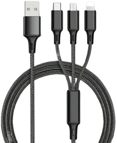 1m 3 in 1 USB 3.5A Strong 100w Braided Fast Charge Multi Charging Cable/Charger, Type-C USB C/Micro USB/IP Port, Universal for Mobile Phone/Tablet/Samsung etc. Black (1.2 Metre)